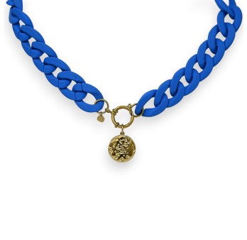 Collier fantaisie chaine résine bleu roi médaillon sculpté doré