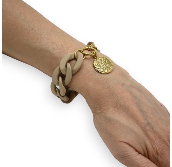 Bracelet taupe grosse chaine résine médaillon doré