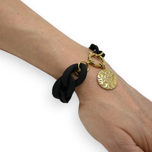 Bracelet noir grosse chaine résine médaillon doré