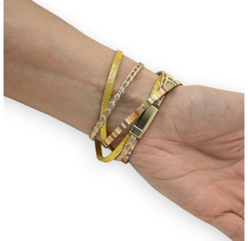 Bracelet double tours simili cuir moutarde