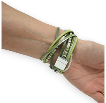 Bracelet double tours nuances de vert et perles