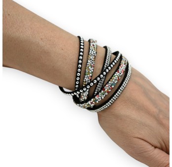 Bracelet double tours noir strass multicolores