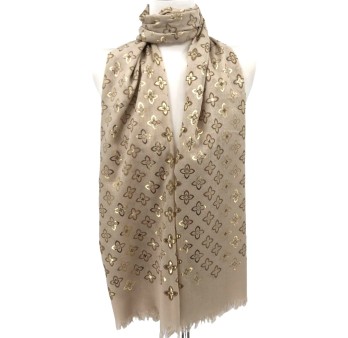 Foulard fin beige imprimé fleurs dorées