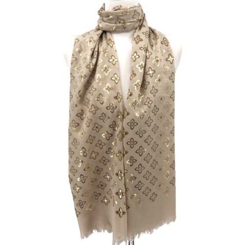 Foulard fin beige imprimé fleurs dorées