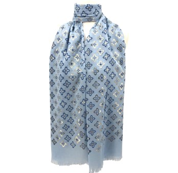 Foulard fin bleu ciel imprimé fleurs dorées