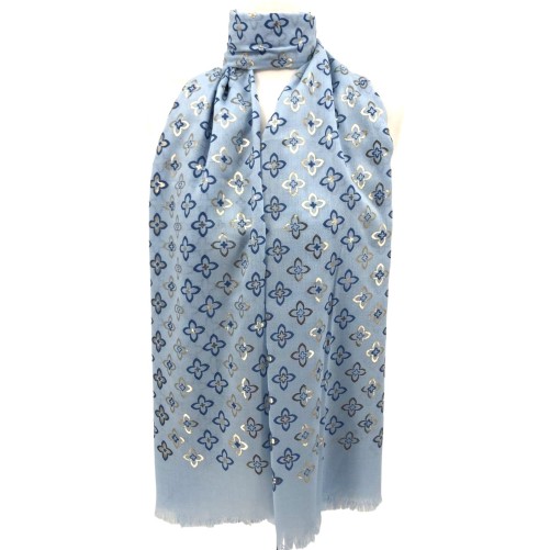 Foulard fin bleu ciel imprimé fleurs dorées