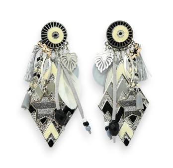 Boucles d'oreilles clip médaillon losange zig zag noir et gris