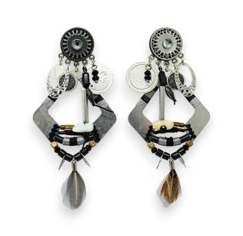 Boucles d'oreilles clip esprit ethnique noires et argentées