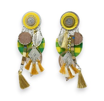 Boucles d'oreilles clip vichy jaune et vert
