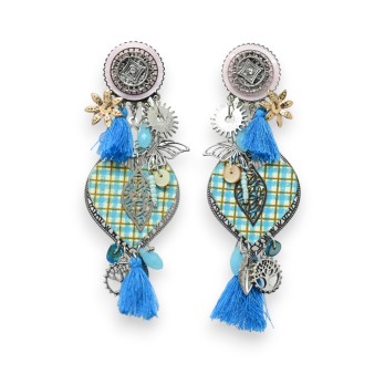 Boucles d'oreilles clip coeur vichy bleu turquoise