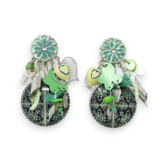 Boucles d'oreilles clip vertes médaillon rond imprimé