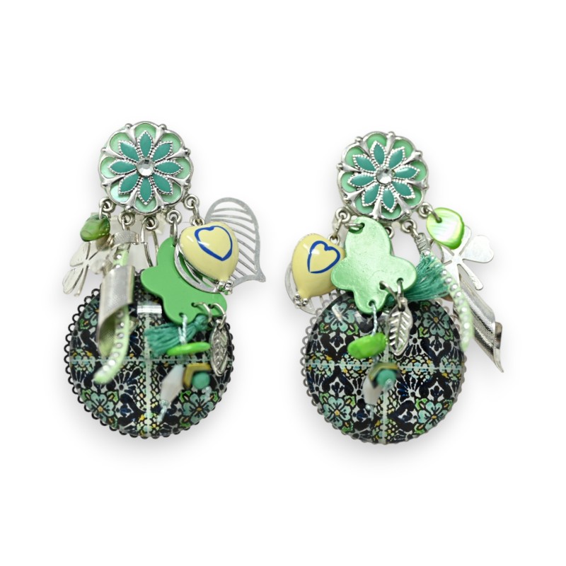 Boucles d'oreilles clip vertes médaillon rond imprimé