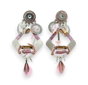 Boucles d'oreilles clip losange arrondi argenté et rose
