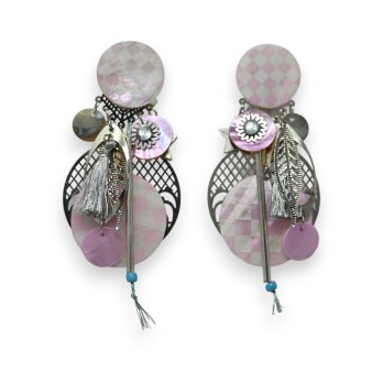 Boucles d'oreilles clip damier rose et blanc nacré