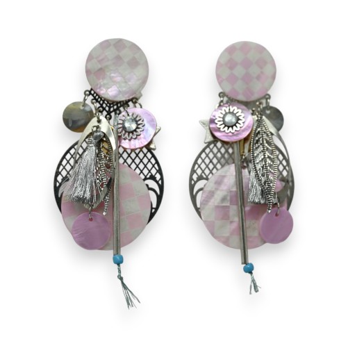 Boucles d'oreilles clip damier rose et blanc nacré