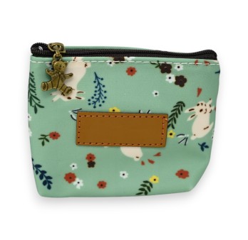 Porte monnaie motifs fleurs avec lapins vert d'eau