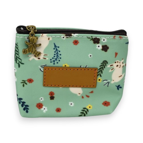 Porte monnaie motifs fleurs avec lapins vert d'eau