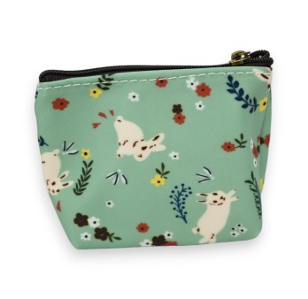 Porte monnaie motifs fleurs avec lapins vert d'eau