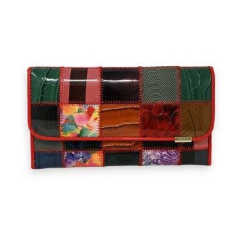 Portefeuille cuir patchwork finitions rouge