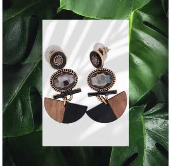 Petites boucles d'oreilles bois pierre et métal dorée