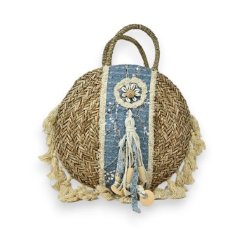 Sac rond paille bohème beige et bleu ciel