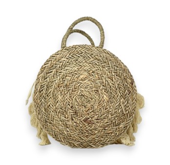 Sac rond paille bohème beige et bleu ciel