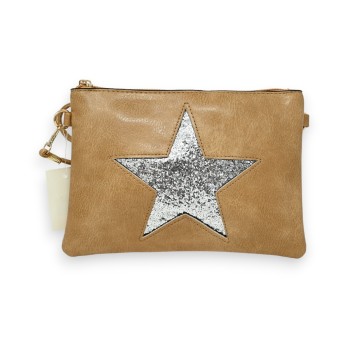Sac pochette camel étoile brillante