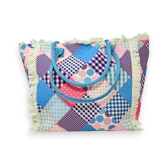 Sac cabas nylon imprimé patchwork rose et bleu