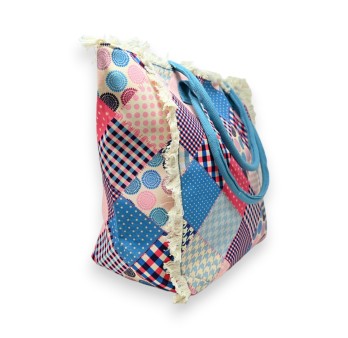 Sac cabas nylon imprimé patchwork rose et bleu