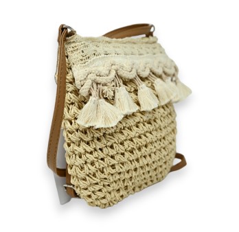 Sac bandoulière bohème paille beige macramé pompons