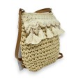 Sac bandoulière bohème paille beige macramé pompons