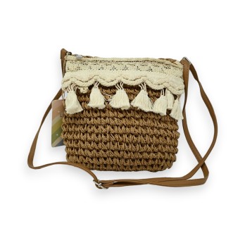 Sac bandoulière bohème paille foncée macramé pompons