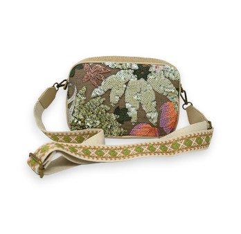 Sac bandoulière rigide broderies fleurs vertes