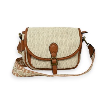 Sac bandoulière bohème paille et synthétique marron