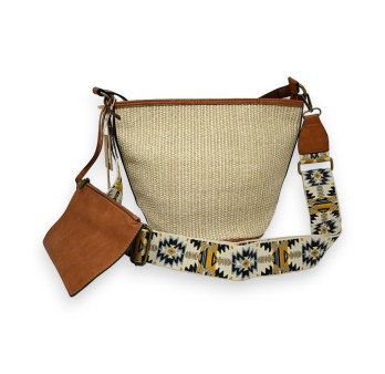 Sac à main où bandoulière bohème paille beige sangle tissu