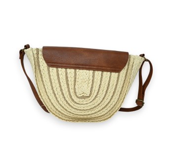 Sac bandoulière rond paille beige fils dorés