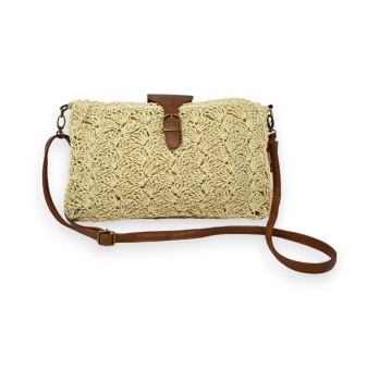 Sac bandoulière rectangle paille ajourée beige