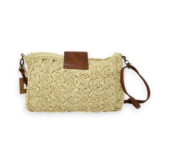 Sac bandoulière rectangle paille ajourée beige