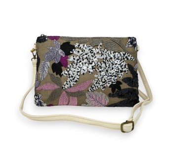 Sac pochette broderie tissu et sequins noire t rose