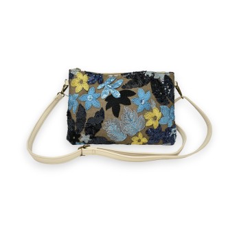 Sac pochette broderies tissu et sequins bleu et jaune