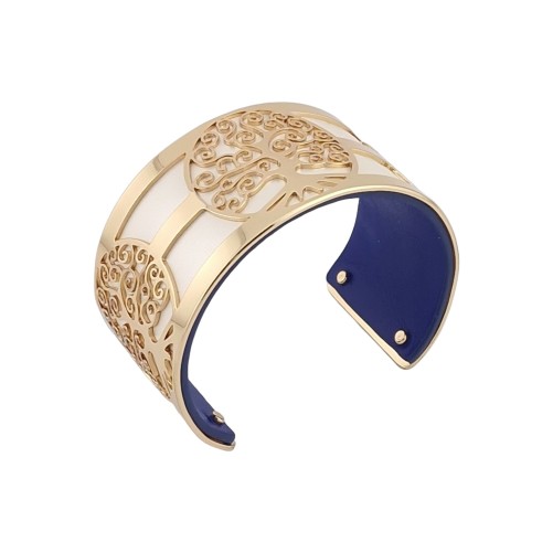 Bracelet manchette arbre de vie doré simili cuir blanc et bleu marine