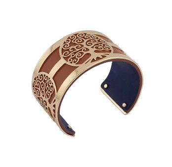 Bracelet manchette arbre de vie doré simili cuir camel et bleu marine