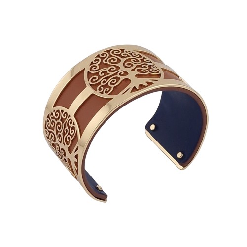 Bracelet manchette arbre de vie doré simili cuir camel et bleu marine