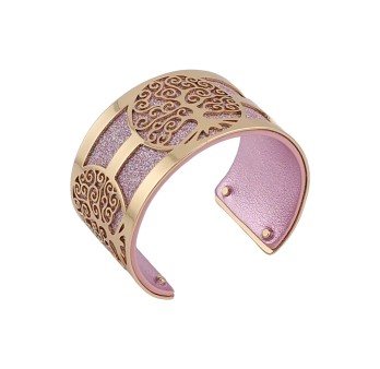 Bracelet manchette arbre de vie doré simili cuir rose pailleté et rose brillant