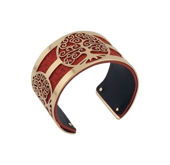 Bracelet manchette arbre de vie doré simili cuir rouge pailleté et noir