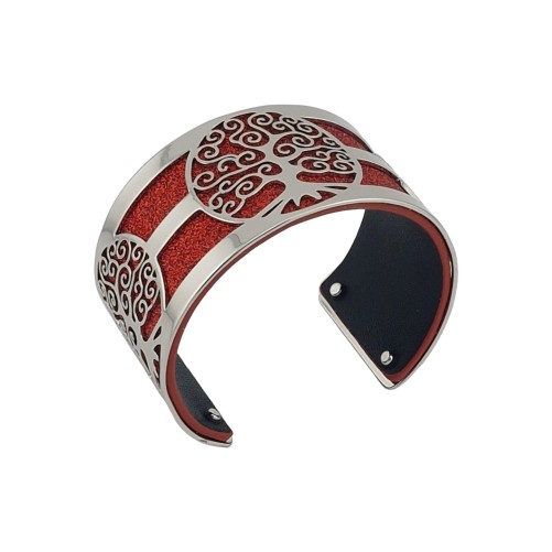 Bracelet manchette arbre de vie argenté simili cuir rouge pailleté et noir
