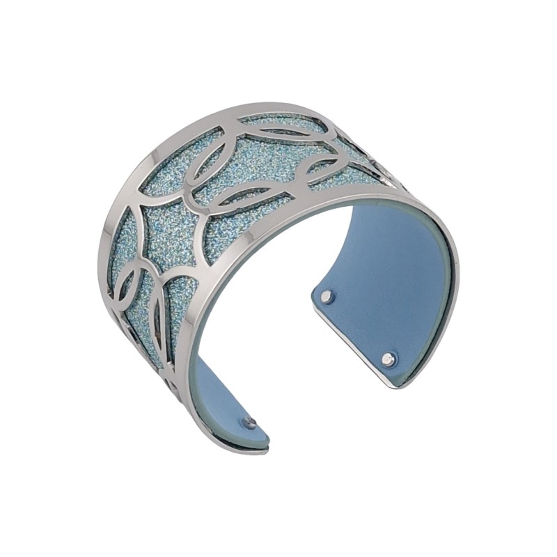 Bracelet manchette finitions argentées simili cuir pailleté bleu ciel et bleu ciel uni