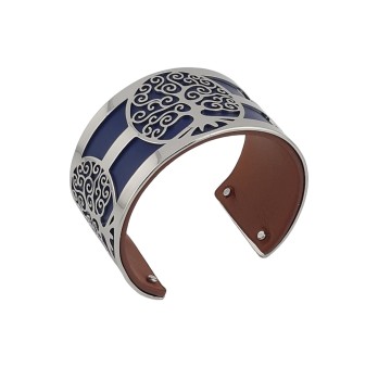 Bracelet manchette arbre de vie argenté simili cuir bleu marine et camel