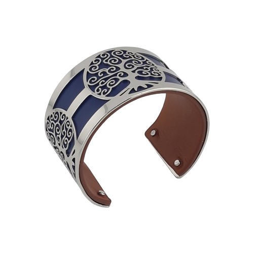 Bracelet manchette arbre de vie argenté simili cuir bleu marine et camel