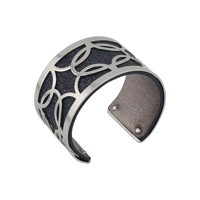 Bracelet manchette finitions argentées simili cuir noir pailleté couleur et gris foncé brillant